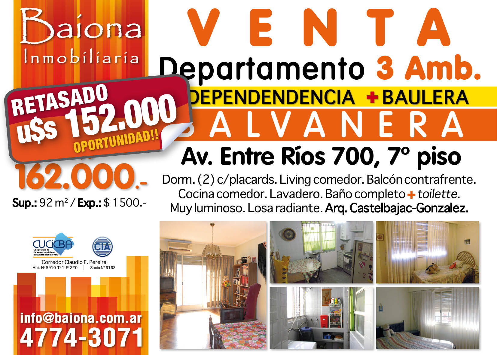 VENTA : : 3 AMB. c/DEPEND. : : AV. ENTRE RIOS 700 : : U$S 152000 : : RETASADO!!