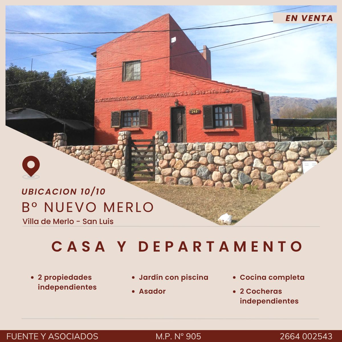 CASA CON DEPARTAMENTO Y PILETA - CERCA DE CASINOYAVENIDADELSOL-B°NUEVOMERLO VILLA DE MERLO SAN LUIS EN VENTA