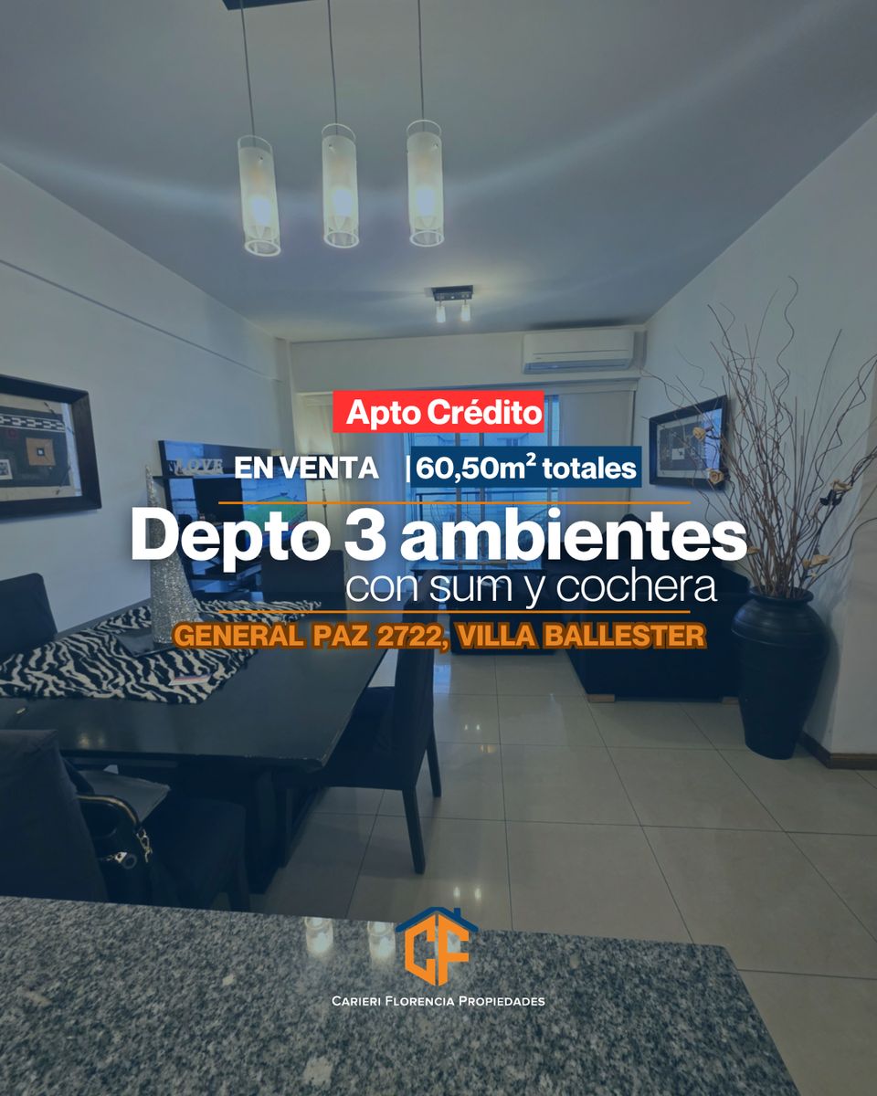 EXCELENTE DEPARTAMENTO 3 AMBIENTES EN VENTA CON SUM Y COCHERA