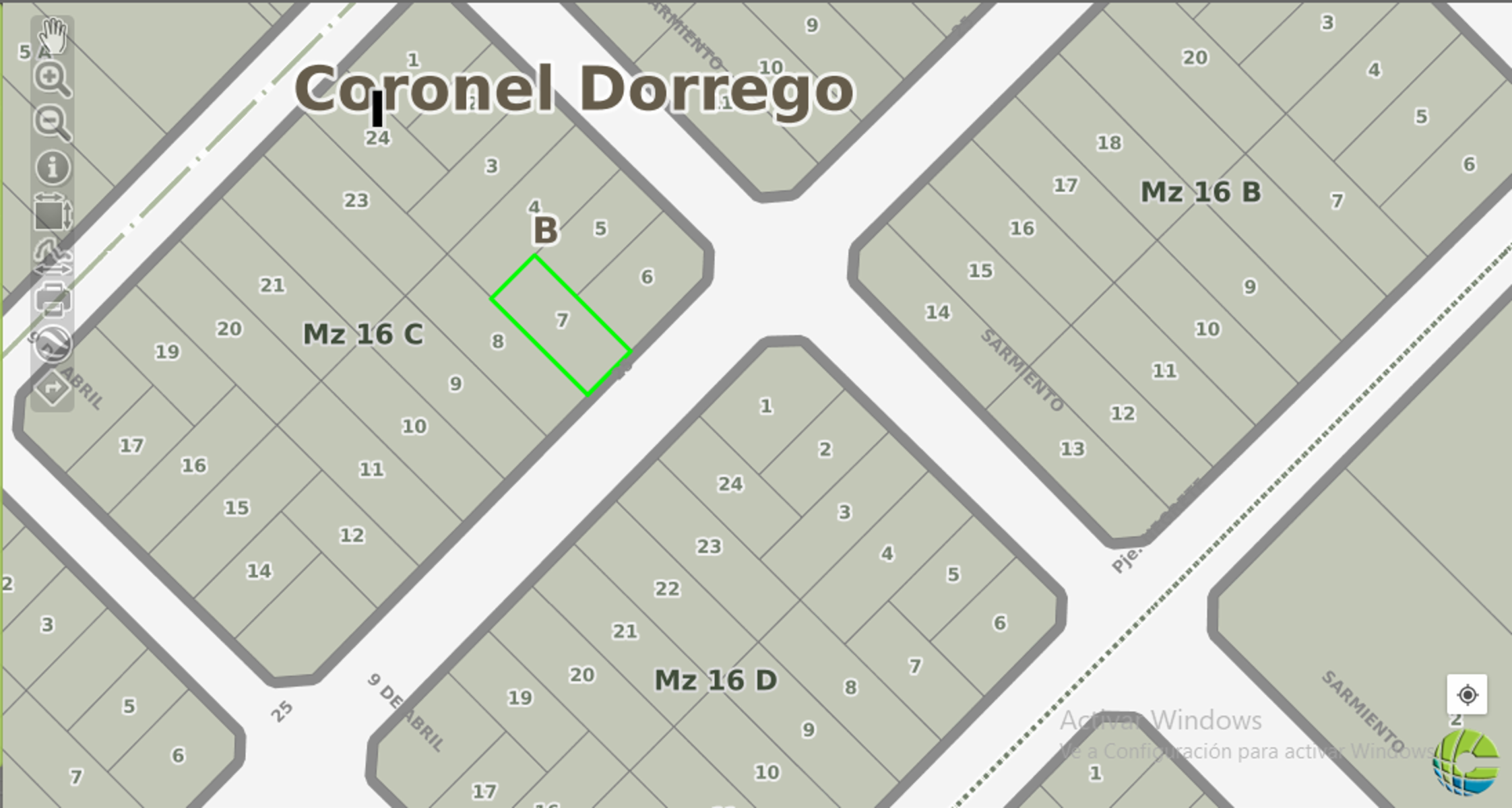 SE VENDE LOTE DE 10X23 SOBRE CALLE SCARVAGLIONE ENTRE SARMIENTO Y 9 DE ABRIL - CORONEL DORREGO