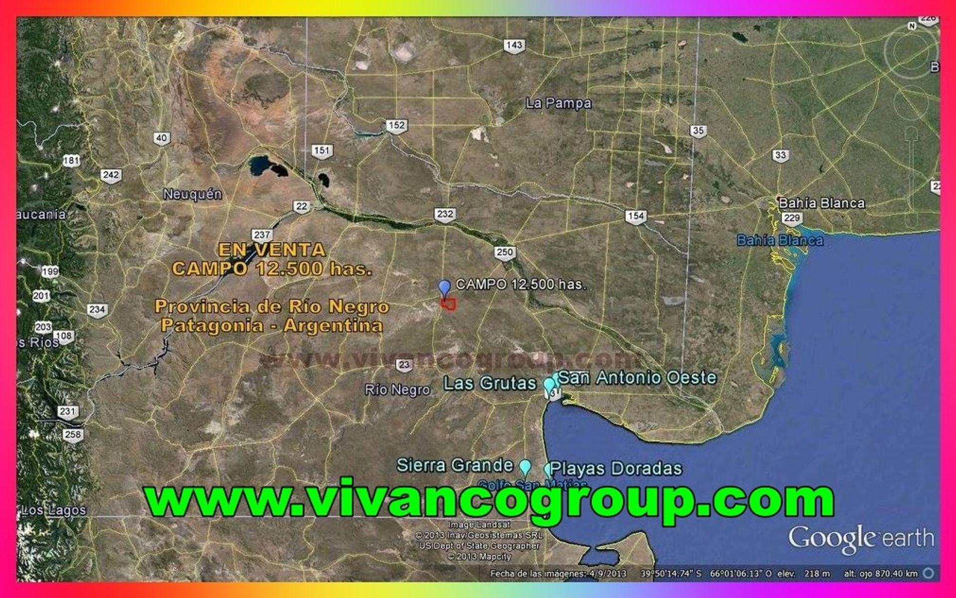 En venta Campo 12500 has. en la Patagonia, Provincia de Río Negro, Argentina.