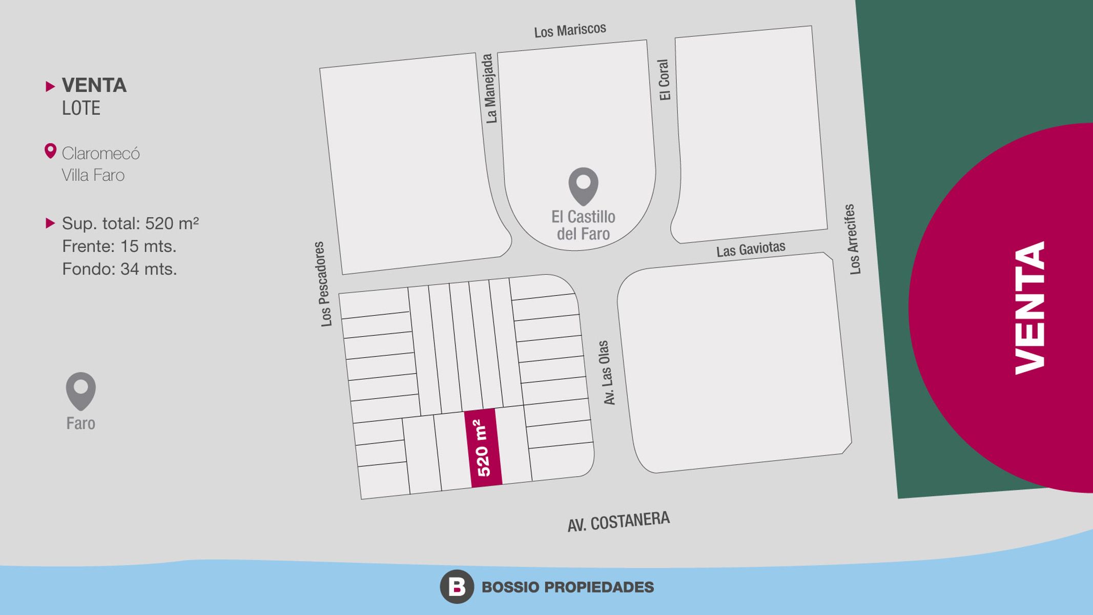 SE VENDE LOTE UNICO FRENTE AL MAR en CLAROMECO 520m2