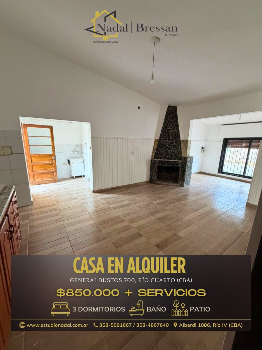 CASA DE 3 DORMITORIOS EN ALQUILER EN CALLE GENERAL BUSTOS 700