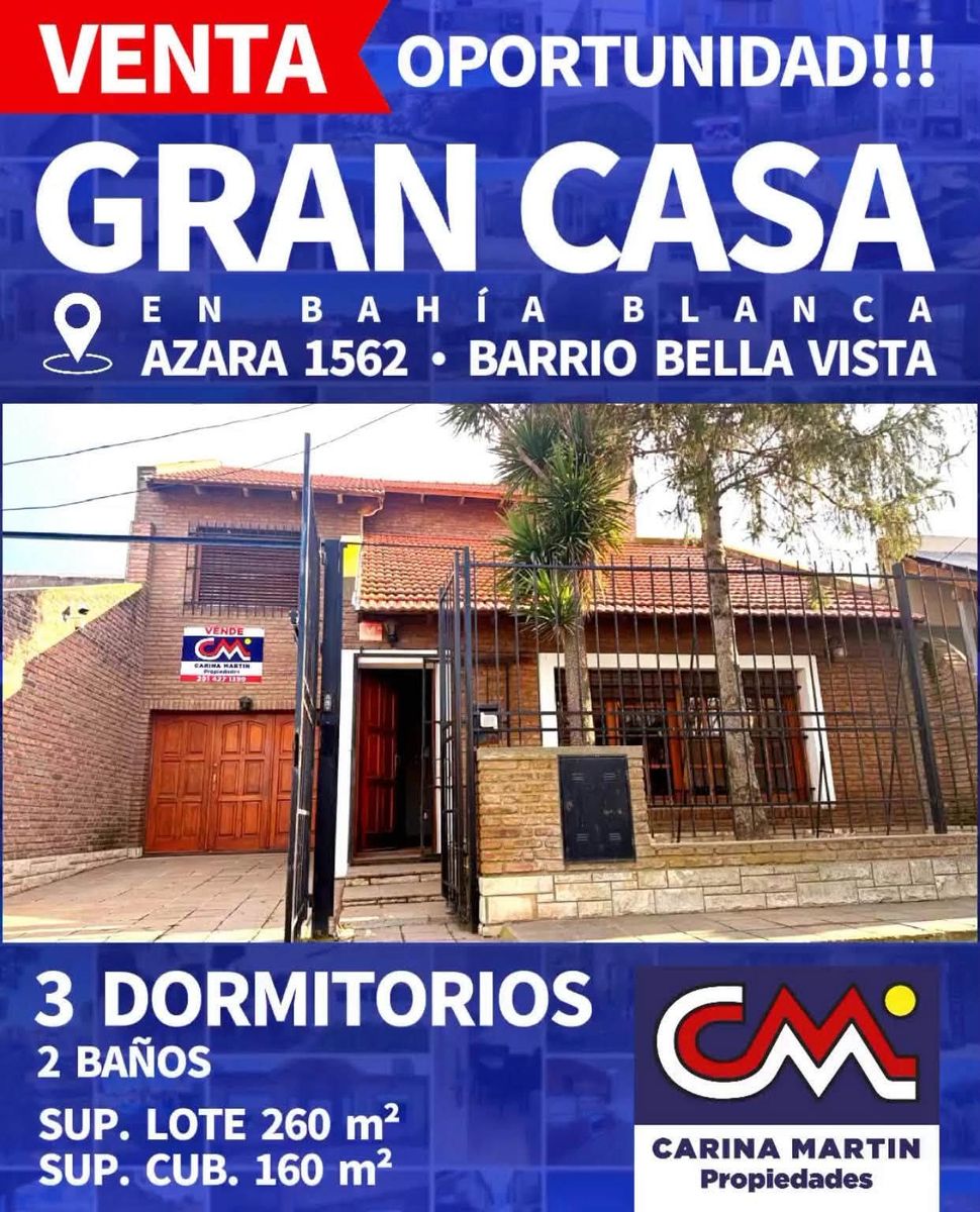 venta de casa con 3 dormitorios, garaje pasante y patio, azara 1500, bahia blanca
