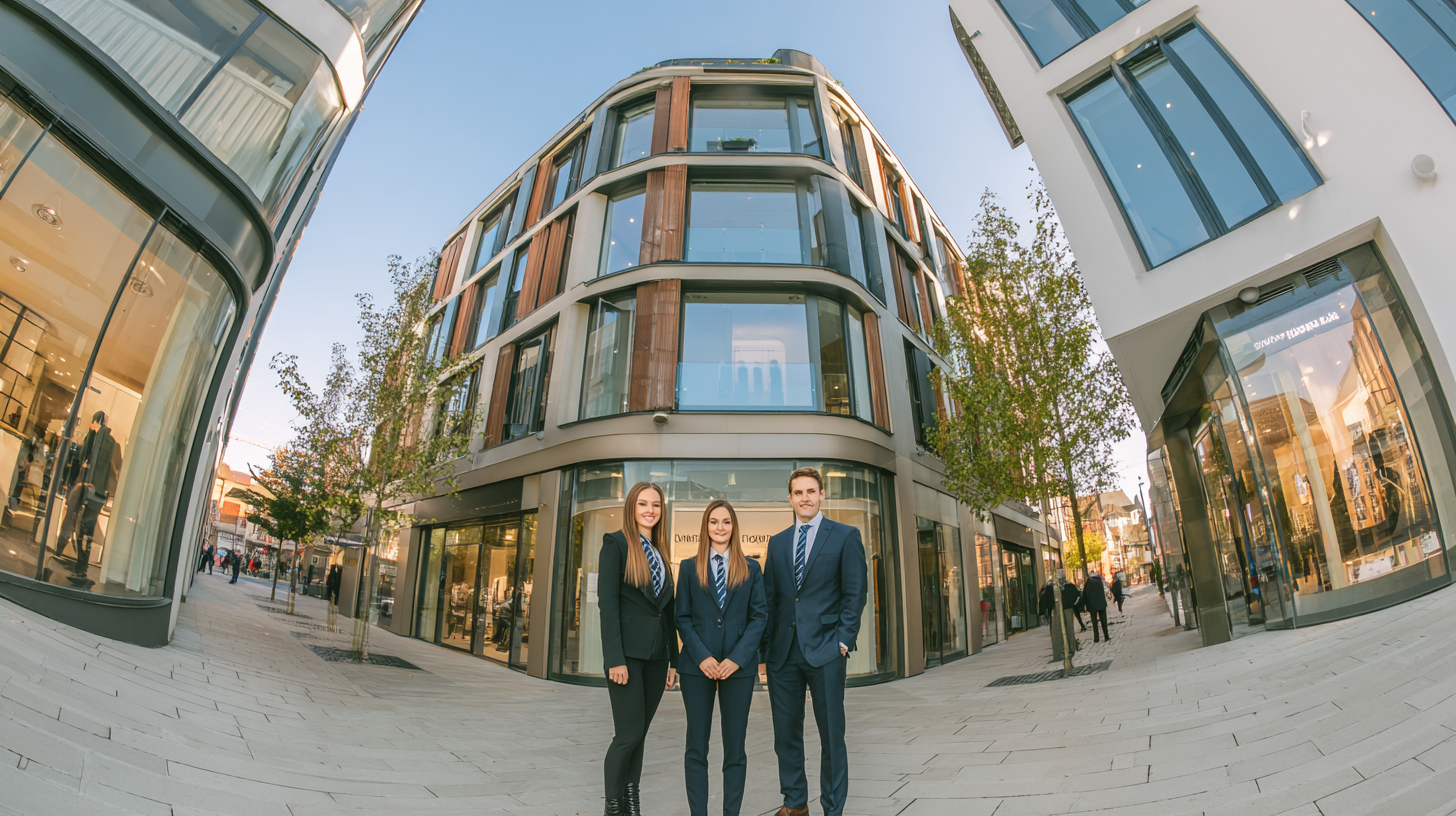 Equipo profesional frente a un edificio comercial