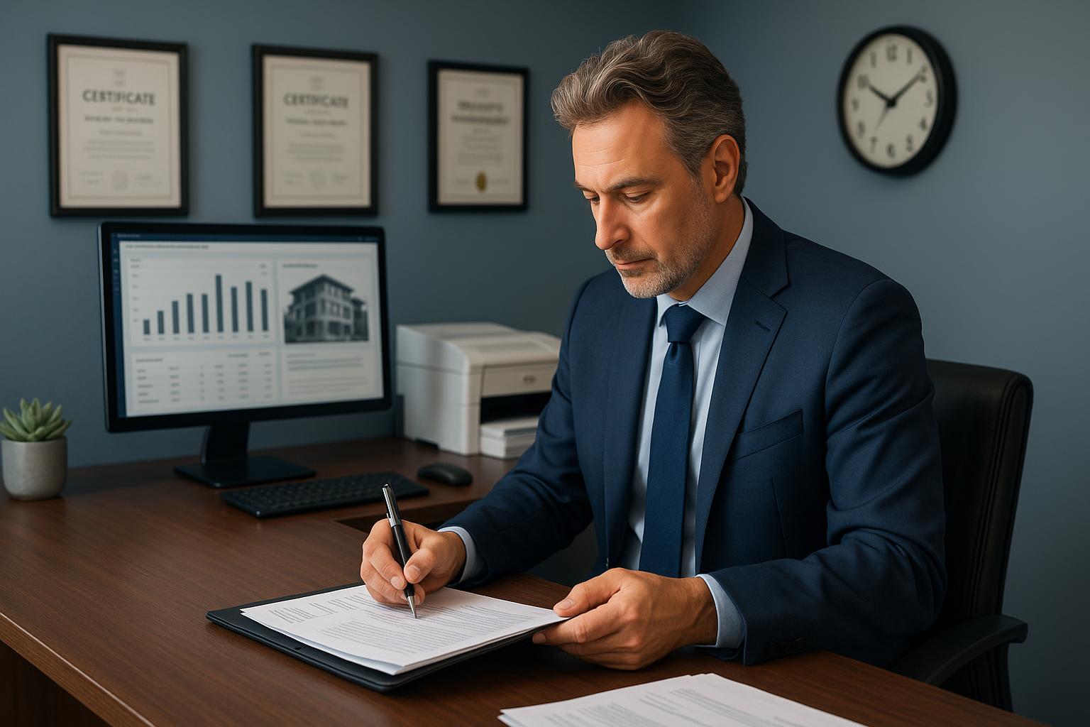 Pareja firmando un contrato con un agente