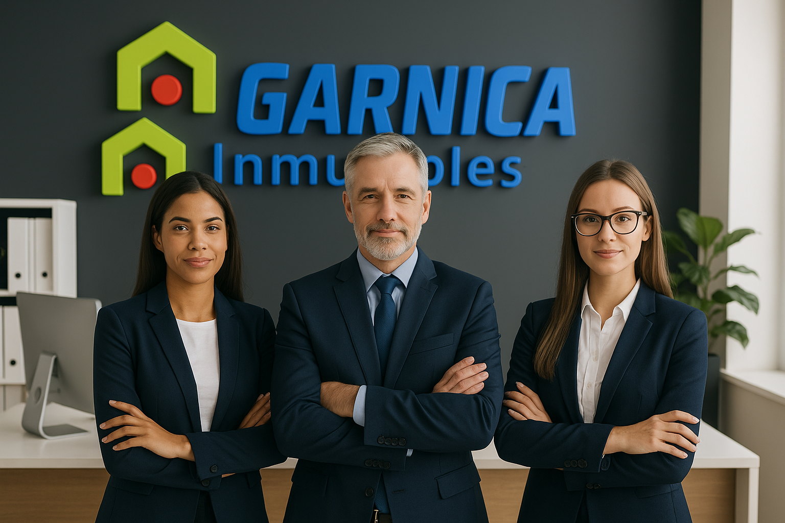 Equipo profesional frente a un edificio comercial
